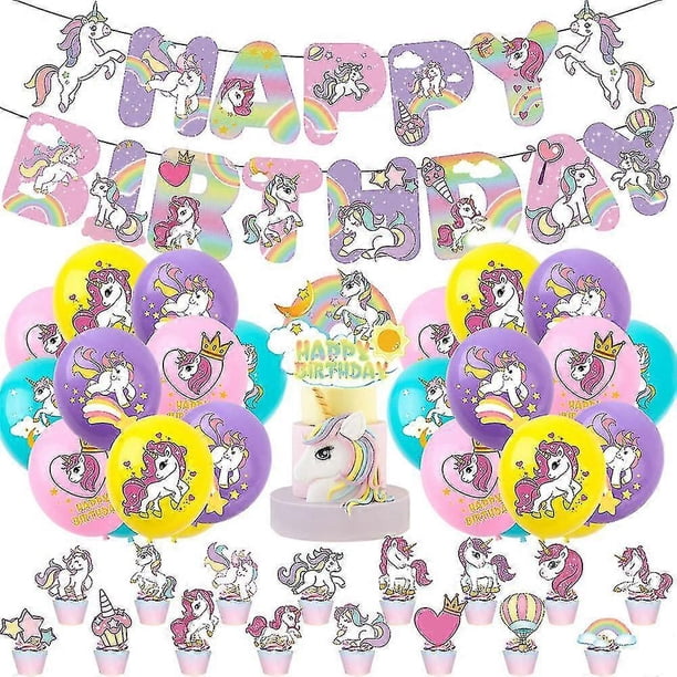 Unicorn Theme Kids Girls Happy Birthday Party Decoration Banner Balloons Cake Cupcake Toppers Kit