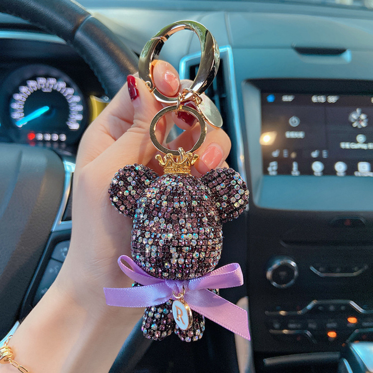 Cute Animial Keychains for Women Bling Big Bear Key Ring for Girl Purse Bag or Car Pendant Dark Purple R