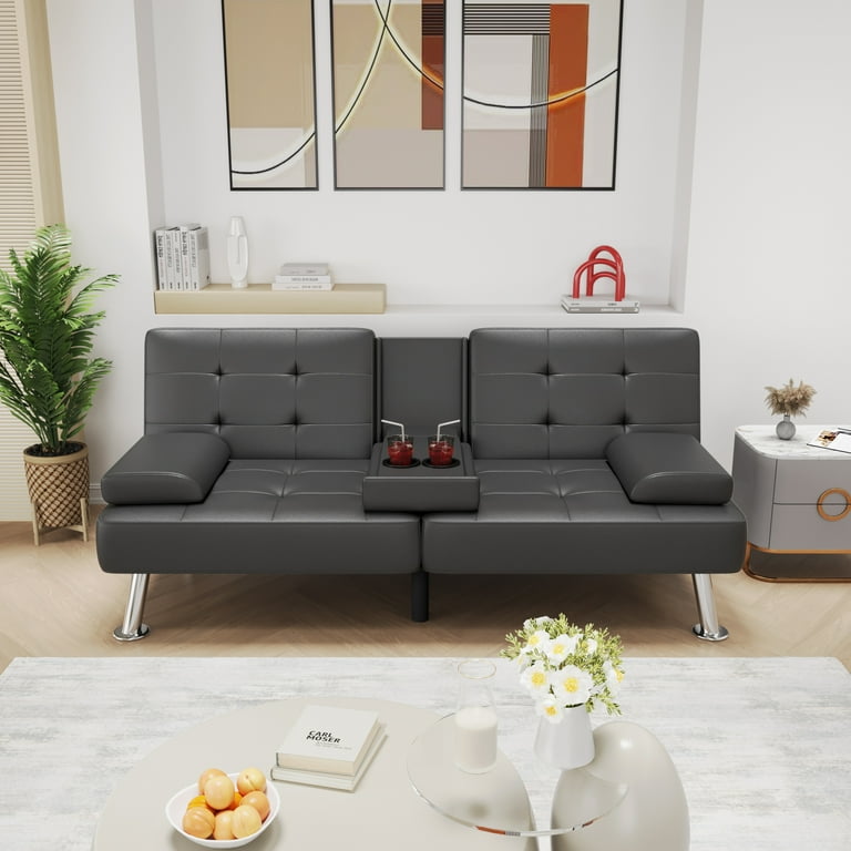 Modern faux leather futon sofa bed fold up & down recliner couch with cup holder deals