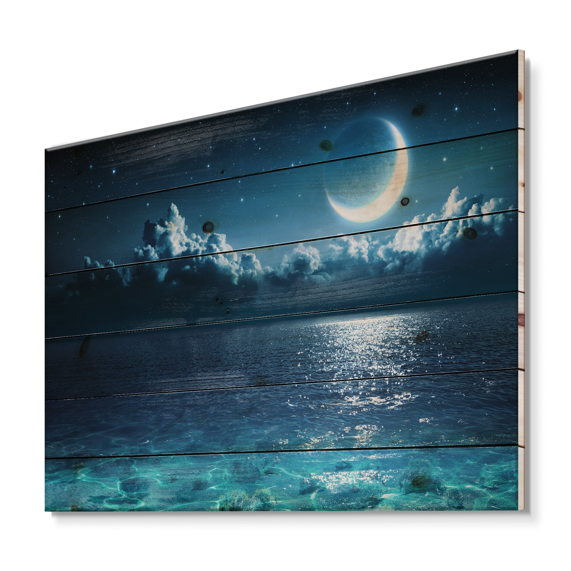 Designart 'Romantic Moon and Clouds Over Deep Blue Sea I' Nautical & Coastal Print on Natural Pine Wood