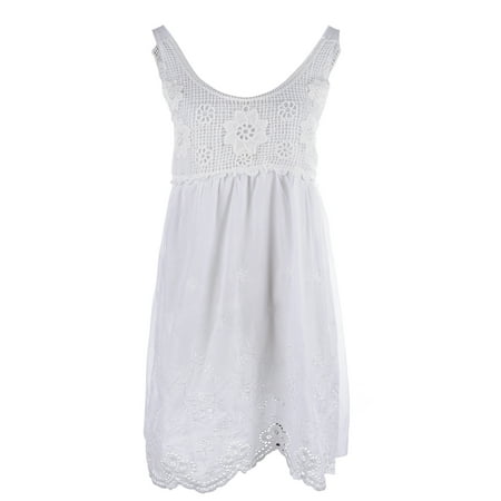 Gathered Empire Bodice - S/M Fit White Crochet Net Bodice Empire Waist Eyelet Scallop Hem Dress