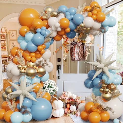 Fall Thanksgiving Balloon Arch Kit, 144Pcs Burnt Orange Dusty Blue Metallic Gold Latex Balloons with White Explosion Star Foil Balloons for Fall Little Pumpkin Baby Shower Birthday Party Decorations