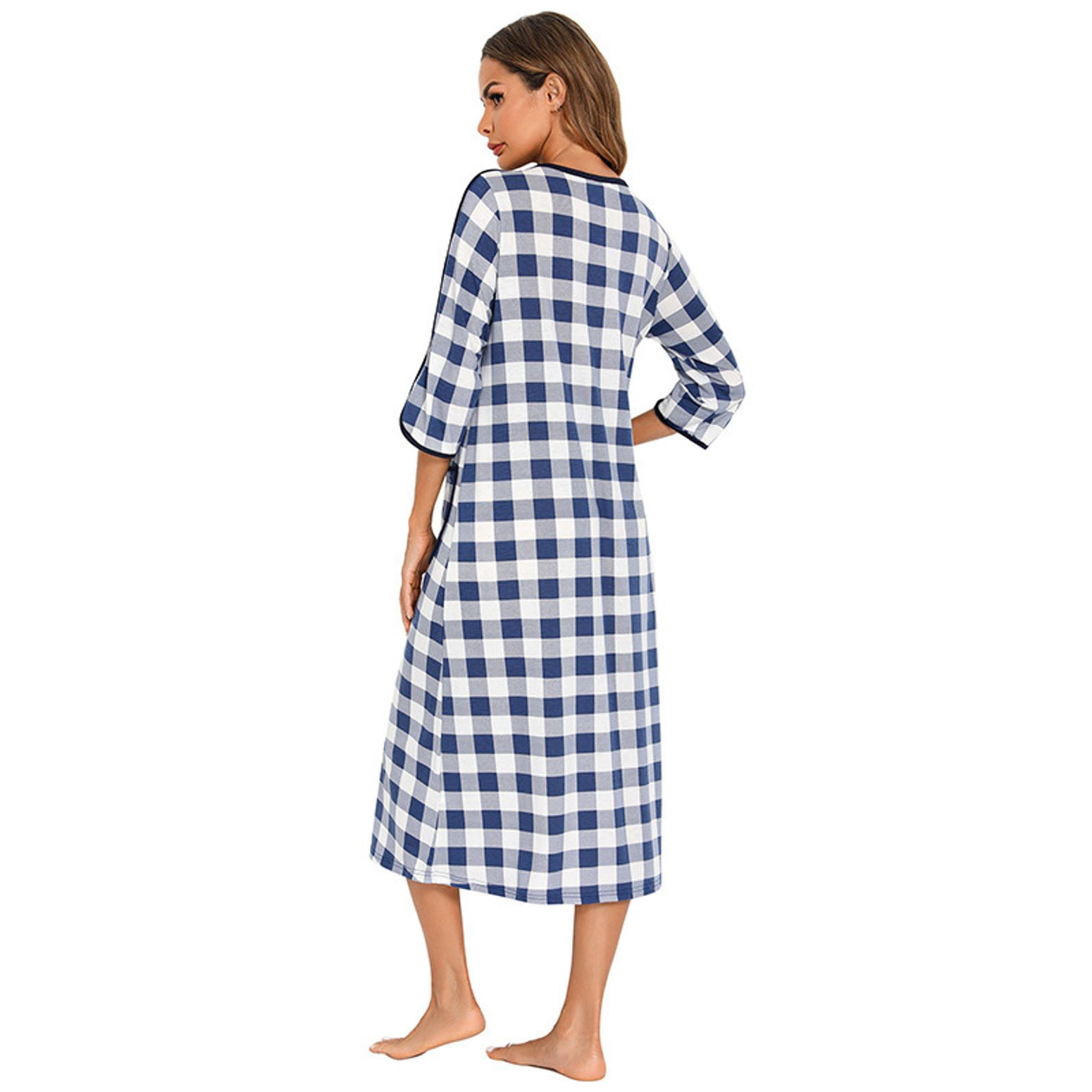 cotton house dress with zipper Defitshape Women's Soft House Dress Zip Up Robes House Coat Cotton  Housedress with Pocket Lightweight Zipper Nightgown 3/4 Sleeve Red Striped  X-Large