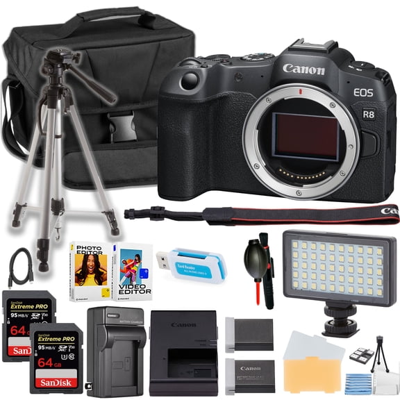 Canon EOS R8 Mirrorless Camera Body Only   64GB Memory Card   LED Light   50 Inch Tripod   More (18pc Bundle) (International Version)
