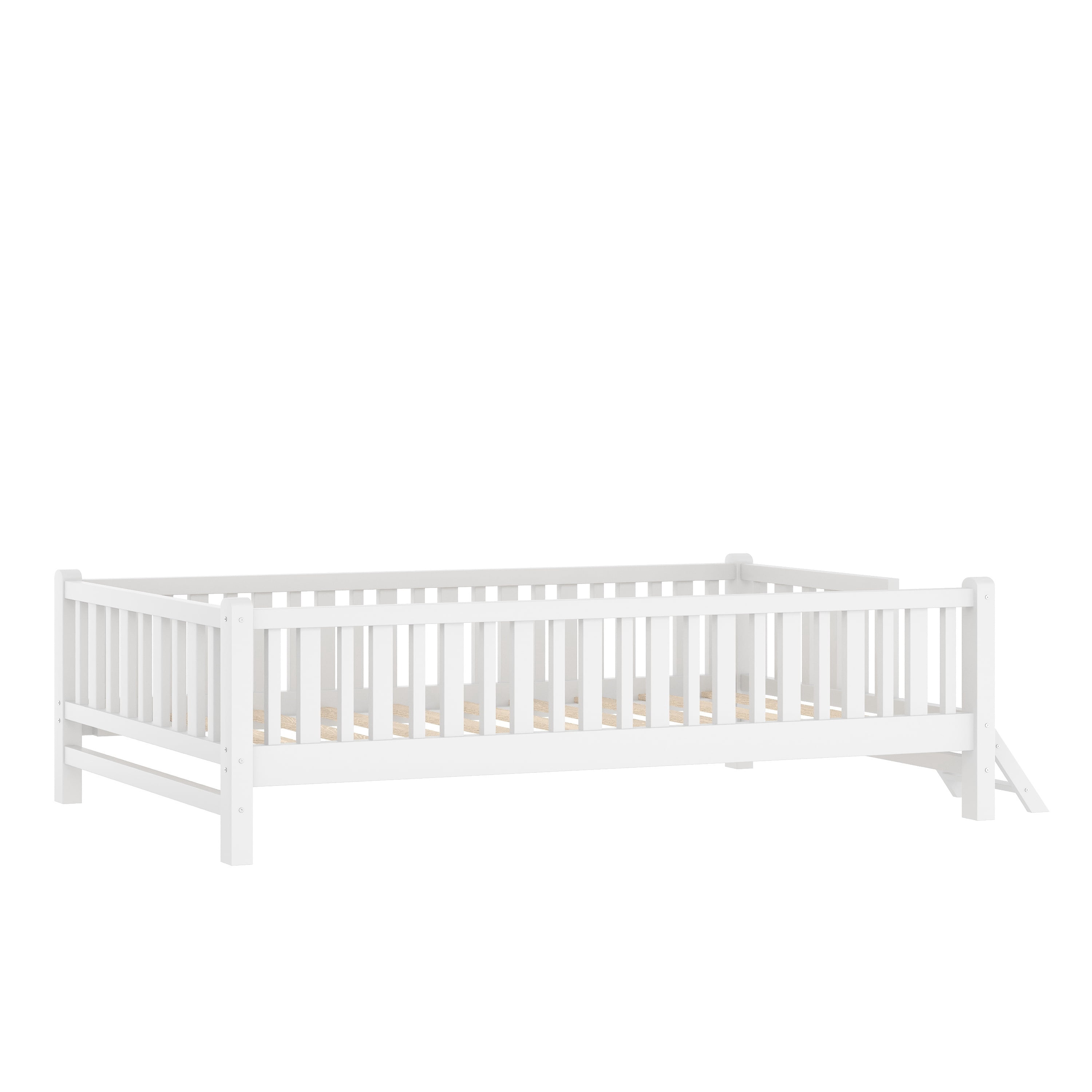 Euroco Wood Twin Size Platform Bed with Guardrail, White