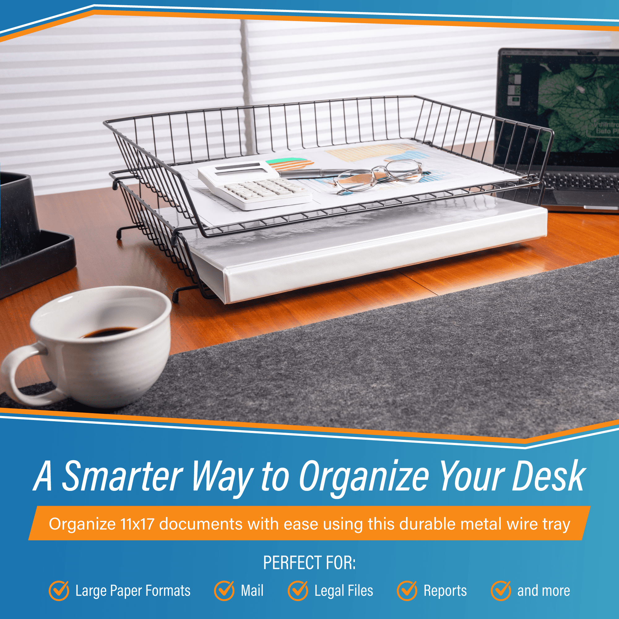 Ruby Paulina Stackable Wire Basket Tray | Black Metal Organizer for 11x17 Paper, Legal Documents, Mail & Files | Durable Office Desk Accessory with Non-Slip Feet
