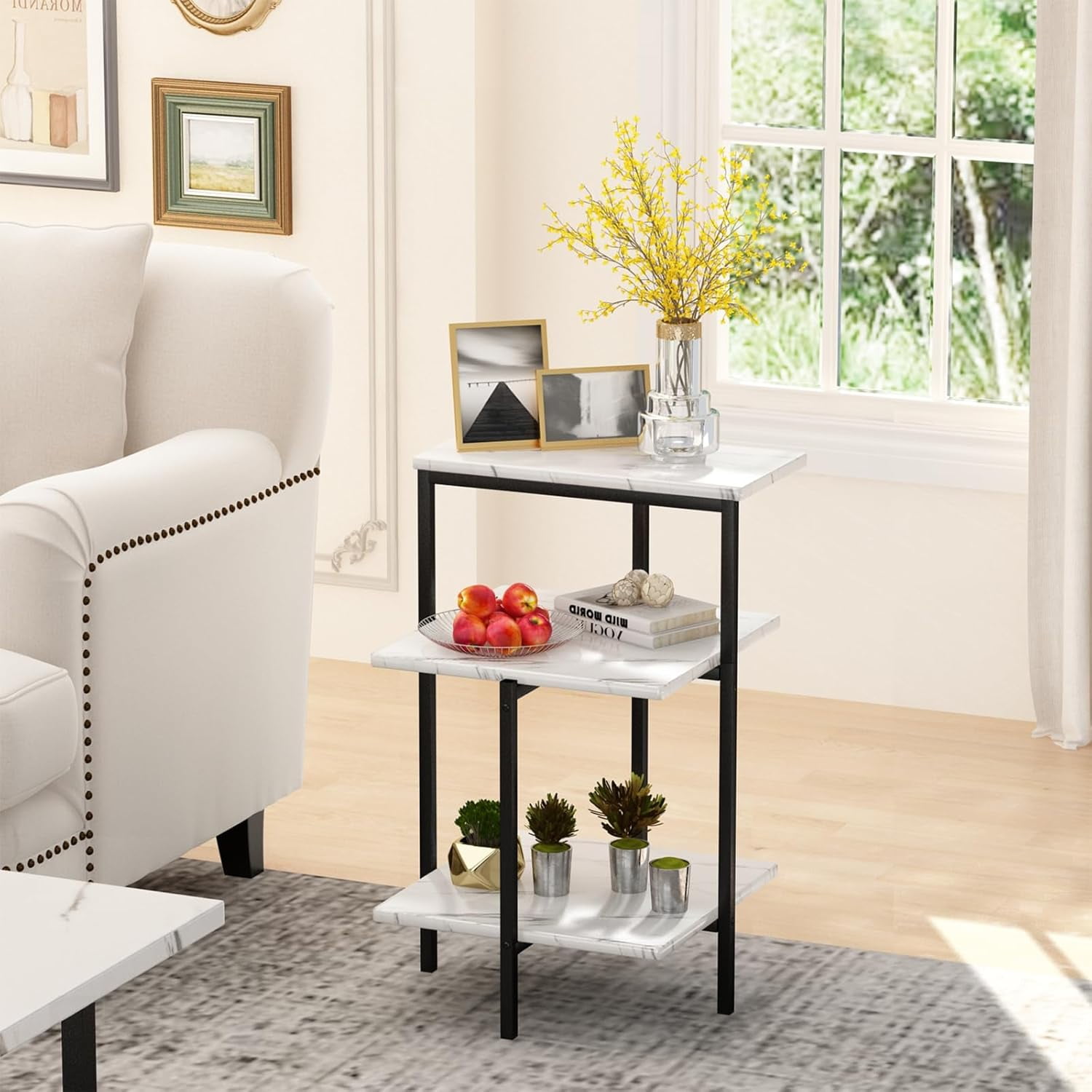 Cvortll Coffee Table Set of 3, Rectangle Faux Marble Tabletop & 2 Tiered Side Tables, Multi-Level Storage for Living Room（White & Black）