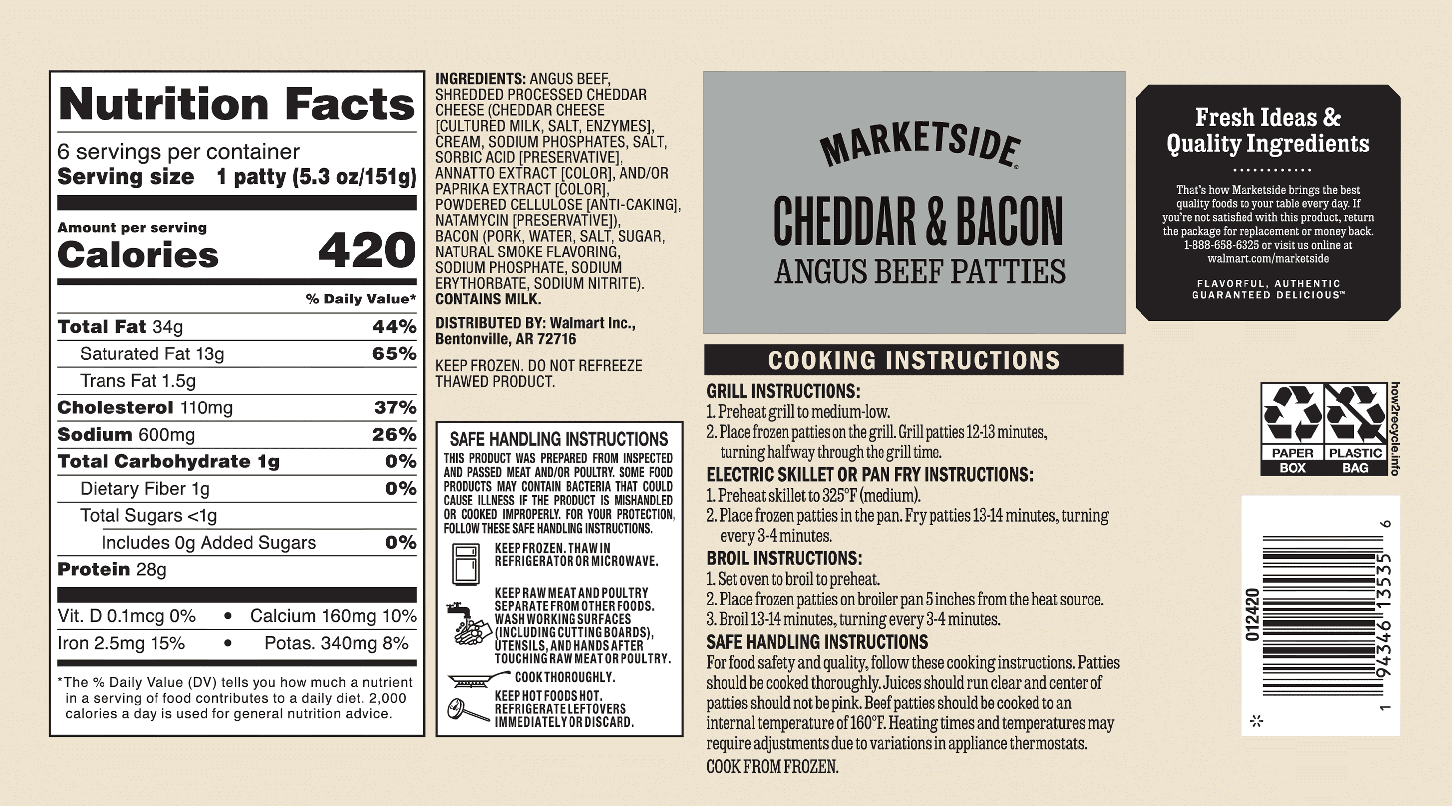 Marketside Cheddar & Bacon Angus Beef 1/3 lb Patties, 2 lb, 6 Count (Frozen)