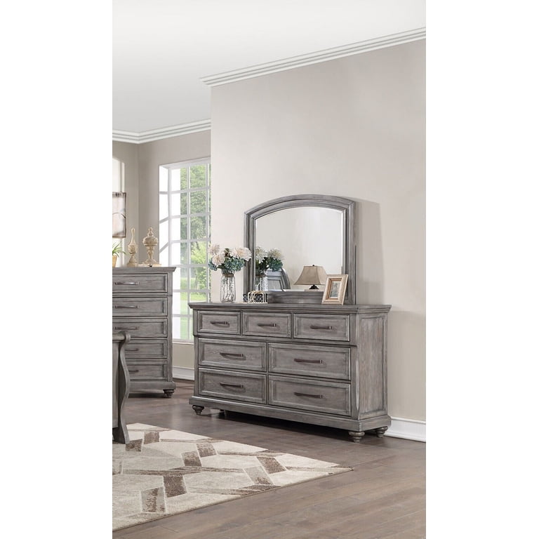 Contemporary Grey Hues Veneer 6pc Bedroom Furniture Eastern King Size Bed Dresser Mirror 2x Nightstand Chest Storage FB Plywood