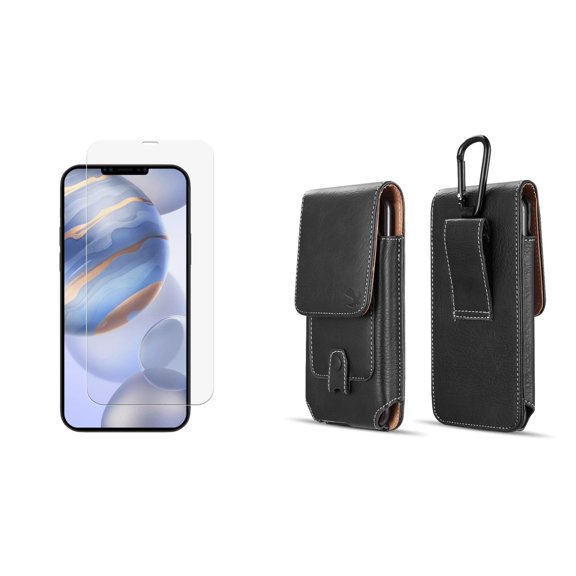 Bemz Pouch Bundle for Apple iPhone 12 Pro Max: Vertical PU Leather Belt Holster Phone Carrying Case Holder with Inner Card Slots with Tempered Glass Screen Protector - Black