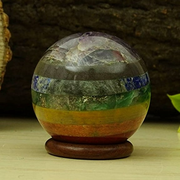 Reikiera Multistone Seven Chakra Sphere Stone Ball with Ring Stand Aura Balancing Crystal Reiki Healing- Choose Size