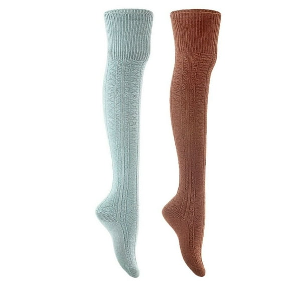 Lian Style Women's 2 Pairs Long Lasting, Colorful and Fancy Thigh High Over the Knee High Cotton Socks JMYP1025 Size 6-9 Sky Blue, Coffee