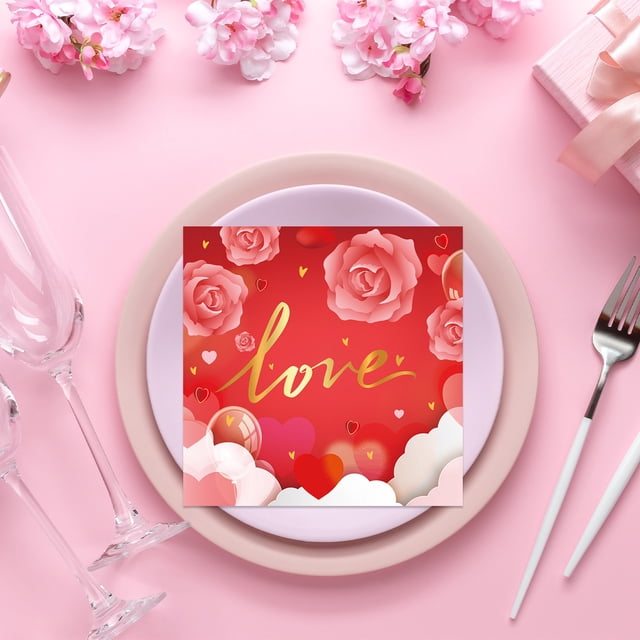 Servilletas de papel desechables para San Valentín | Servilletas de fiesta con estampados rojos | Decoración romántica para festivales | Paquete de 20 | Ideales para la cena de San Valentín |