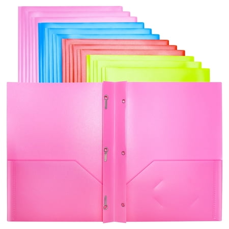 RYWESNIY Plastic Folders with Pockets and Prongs,Plastic School Supplies Folders,Assorted Colors,Letter Size, 12 Pack