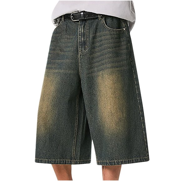 Tqyyweavej Men Baggy Jean Shorts Jorts Casual Loose Fit Wide Leg Long Denim Capri Shorts with Pockets for Men