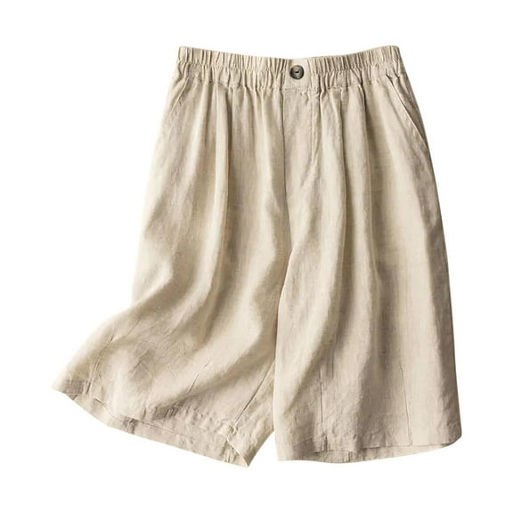 Zedker Wide Leg Shorts for Women Elastic High Waisted Pleated Casual Loose Bermuda Style Beige Plus L