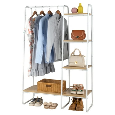 UBesGoo Metal Clothes Rack with 4 Tiers Wood Shelves Heavy Duty Garment Rack for Clothing Storage White