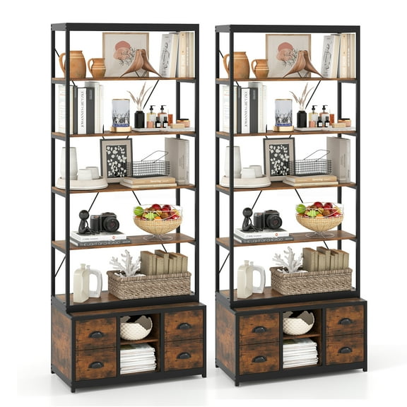 Gymax 2PCS 8-tier Bookshelf 79'' Freestanding Bookcase w/ 4 Fabric Drawers & Storage