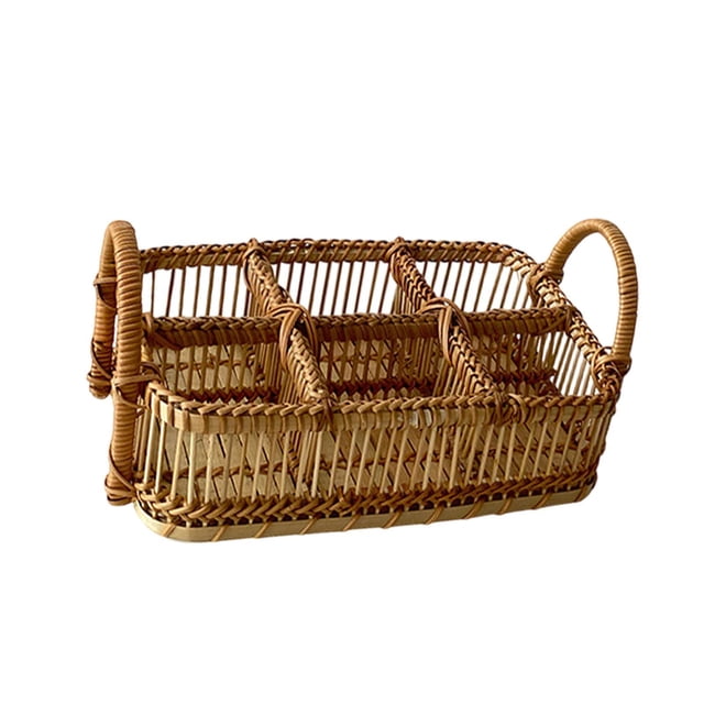 Cesta para utensilios de cocina, soporte para utensilios de cocina, organizador de cubiertos de ratán de bambú tejido a mano, organizador de cubiertos 6 cuadrícula