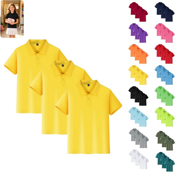 3PC Polo Shirts for Kids School Uniform Loose Fit Back To School Short Sleeve Button Down Tshirts Comfort Solid Color Pullover for Boys & Girls Yellow 8-9 Years