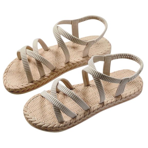 Anuirheih Sandals for Women Summer Flats, Comfortable Elastic Ankle Strap Dress Flats Shoes Casual Slip on Open Toe Boho Beach Sandal(Beige)
