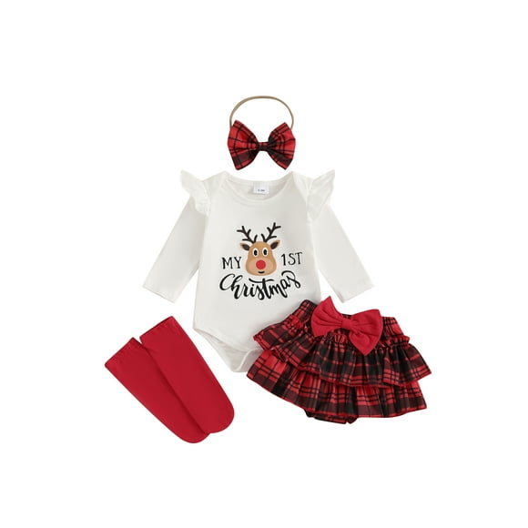 Gupgi Christmas Infant Girl Outfit 3Pcs Baby Letter Print Ruffle Long Sleeve Romper+Plaid Layered Ruffle Shorts+Socks