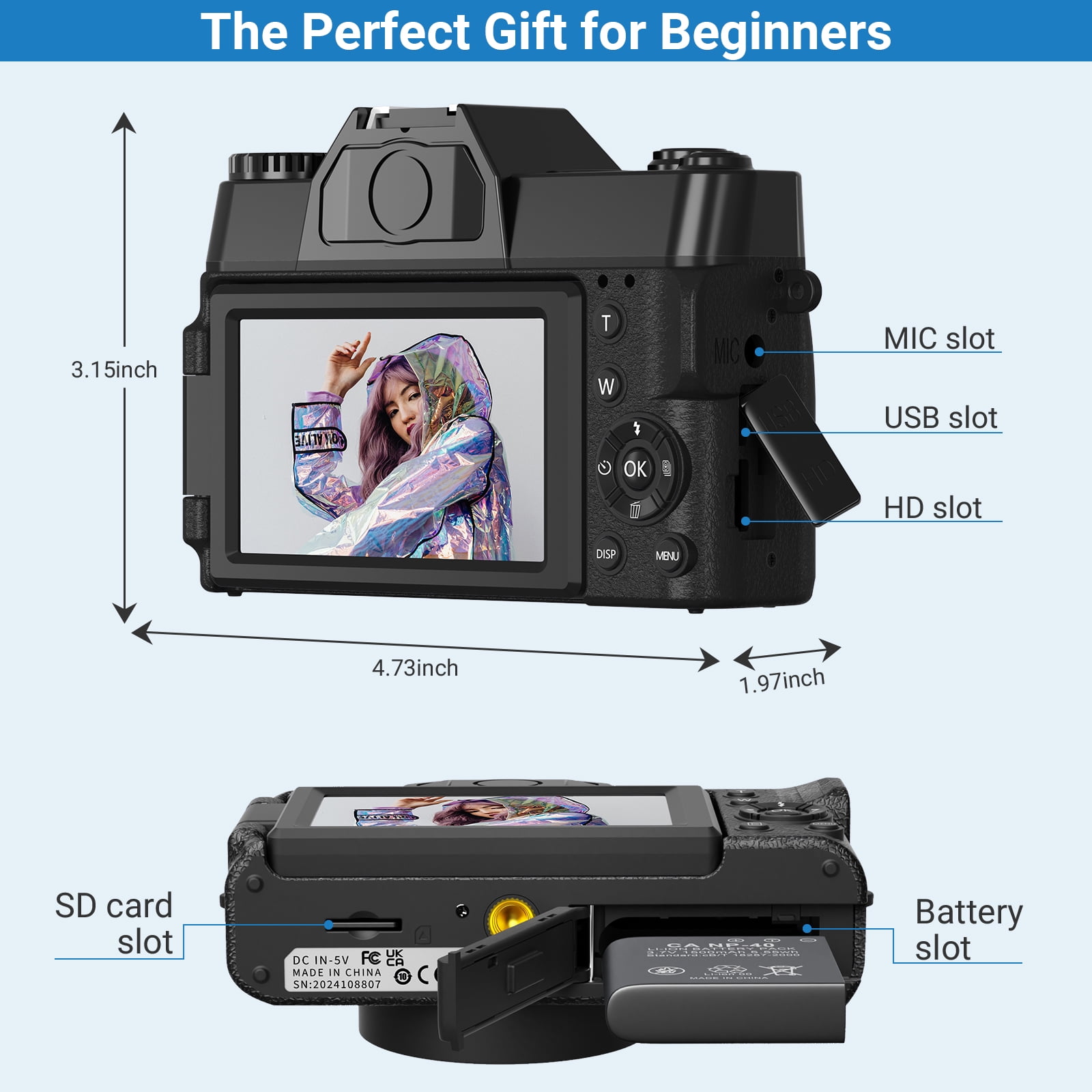 Saneen Digital Camera 6K 64MP Wifi Vlogging Cameras for YouTube 3''180° Flip Screen 16X Zoom 32GB SD Card 52mm Lens Black