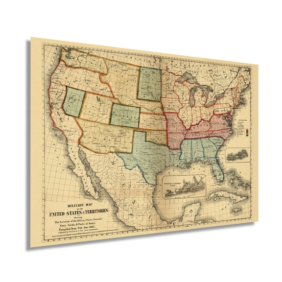 1861 American Civil War Map - Vintage Map of the United States Showing the Location of Military Posts, Arsenals, Navy Yards and Ports of Entry