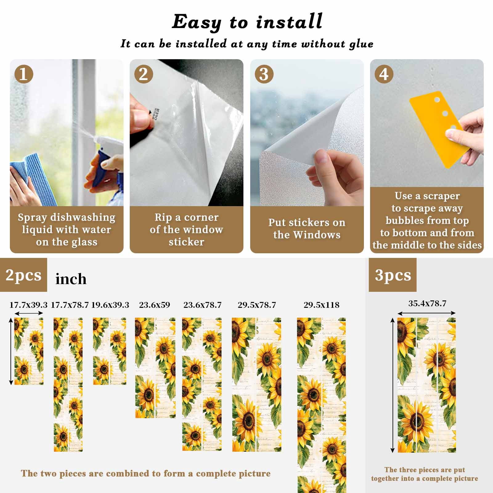 Sun Blocking Glass Window Film, Sunflower Window Privacy Film Frosted, Summer Botanical Vintage Floral Spring Reusable Windows Privacy Sticker for Home Decor, Nursery, 23.6 x 78.7 Inches