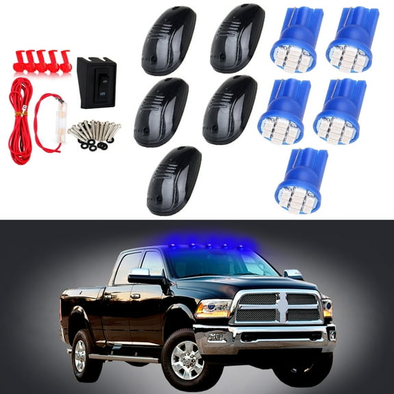 CCIYU 5x Smoke Cab Marker Roof Running Lamps + Blue T10 8SMD LED Bulbs w/Base Housing + 1 Set Wiring Pack Switch Assembly Wire Harness Replacement fit for Cab mark Clearance Top Light