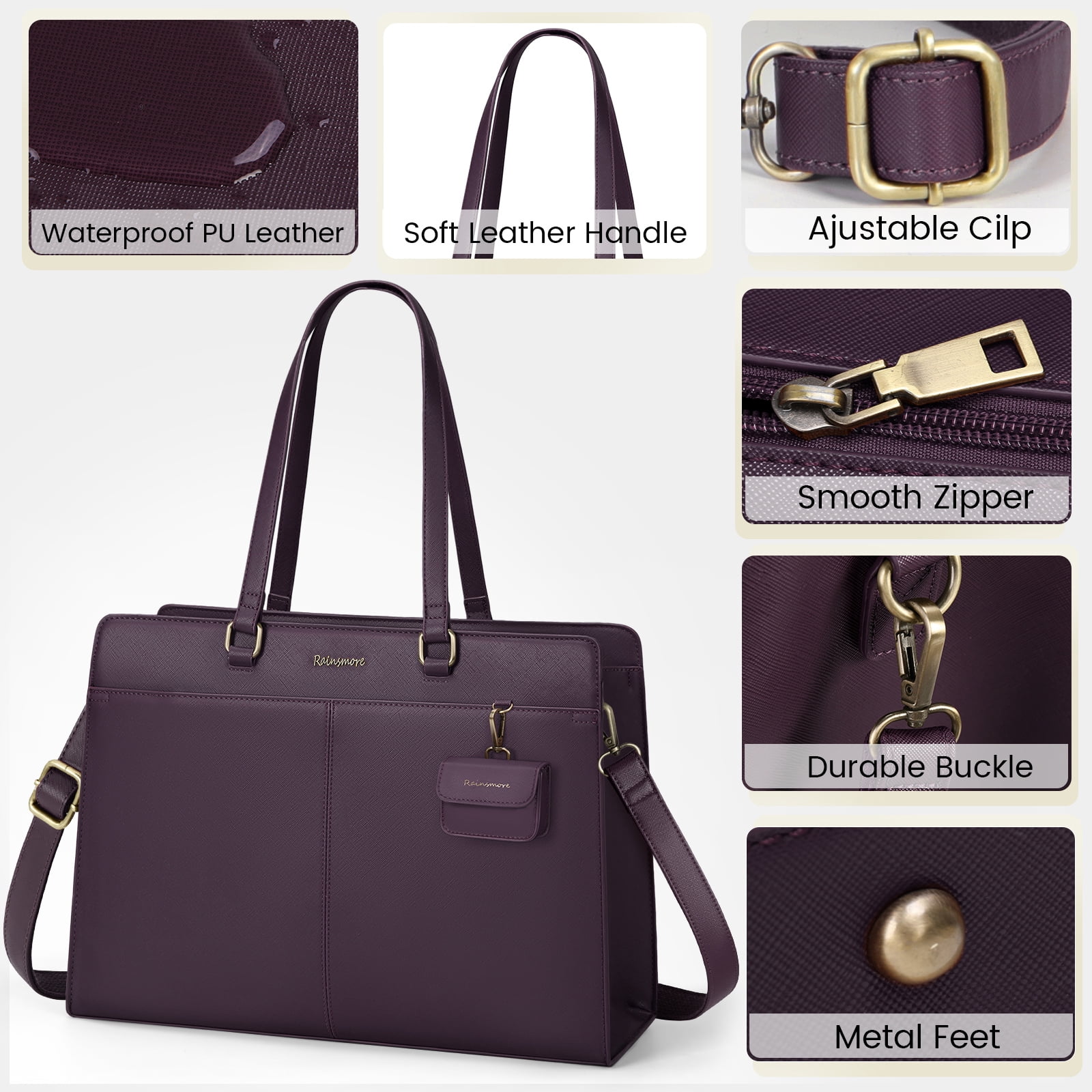 RAINSMORE Laptop Bag for Women 15.10 inch Laptop Tote Briefcase Waterproof Leather Computer Bag Work Tote Bags,Dark Purple
