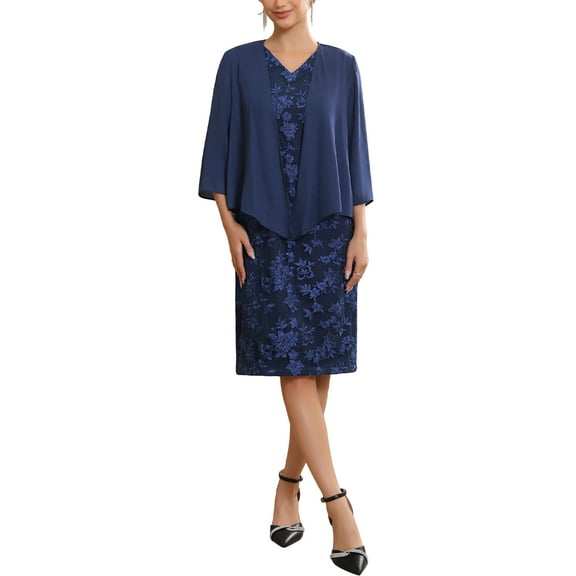 INSPIRE CHIC Women's Mother of Bride Dresses with Chiffon Shrug Gown Evening Sleeveless Embroidery Floral Dress Suit Sets S Dark Blue