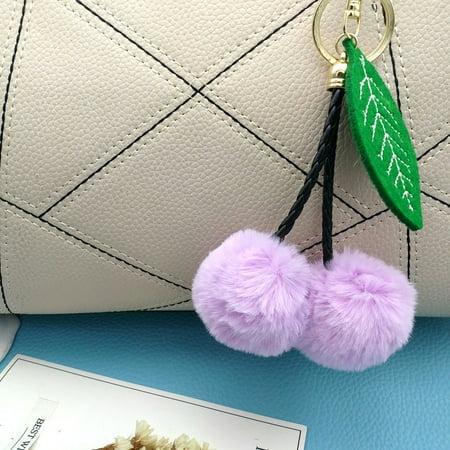 Faux Fur Key Ring Cherry Key Chain Soft Faux Fur Ball Pompom Key Ring Handbag Purse Car Pendant Ornament Decor--Purple ()