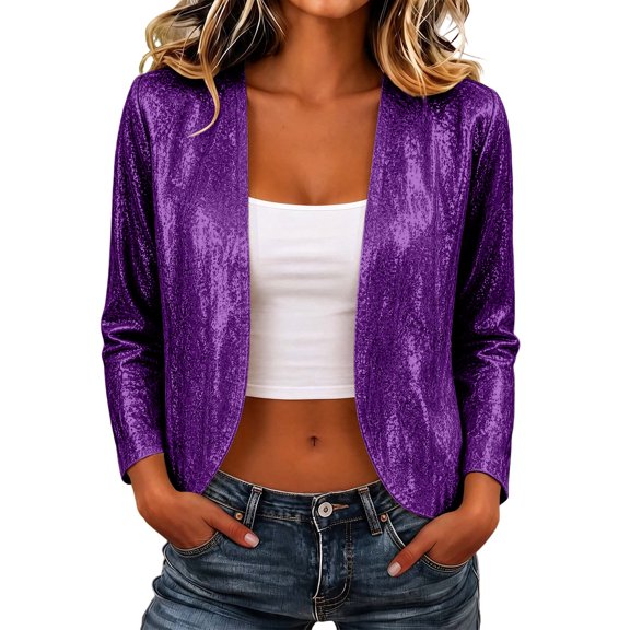 NominalSnug Womens Sequin Cardigan Open Front Long Sleeve Cropped Casual Jacket with Pockets Fall Outfits