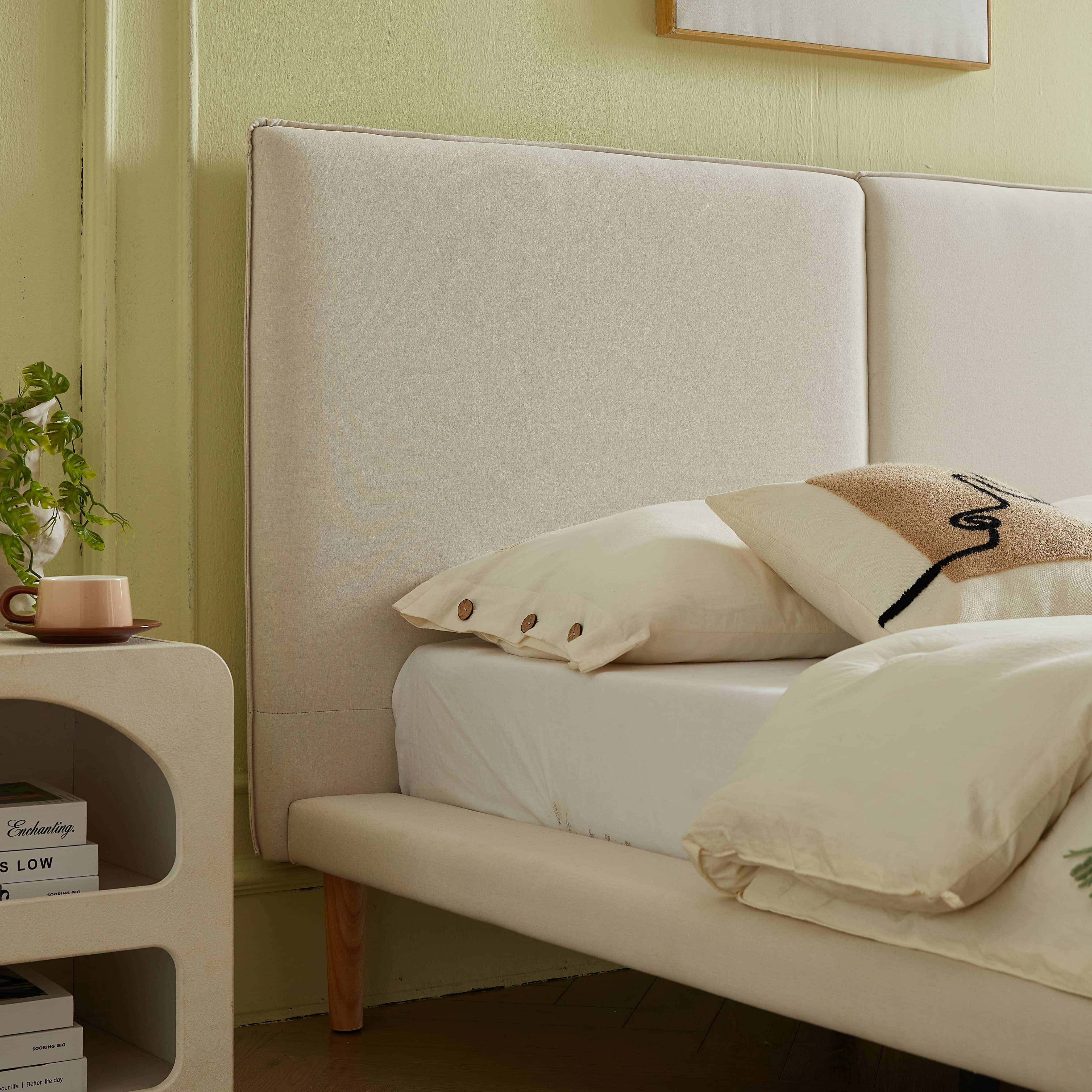 VELOCAVA Queen Size Upholstered Bed with Wood Legs, Wide Padded Headboard, Linen-Look Fabric, Beige
