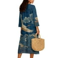 thumbnail image 2 of COEQINE Smock Dress for Women 3/4 Sleeve Calf Length Midi Modest Dress, Comfortable Polyester Linen Boho Beach Cover Up for Wedding Party Wear, Size S, Crane Bird Cloud Dark Blue, 2 of 6