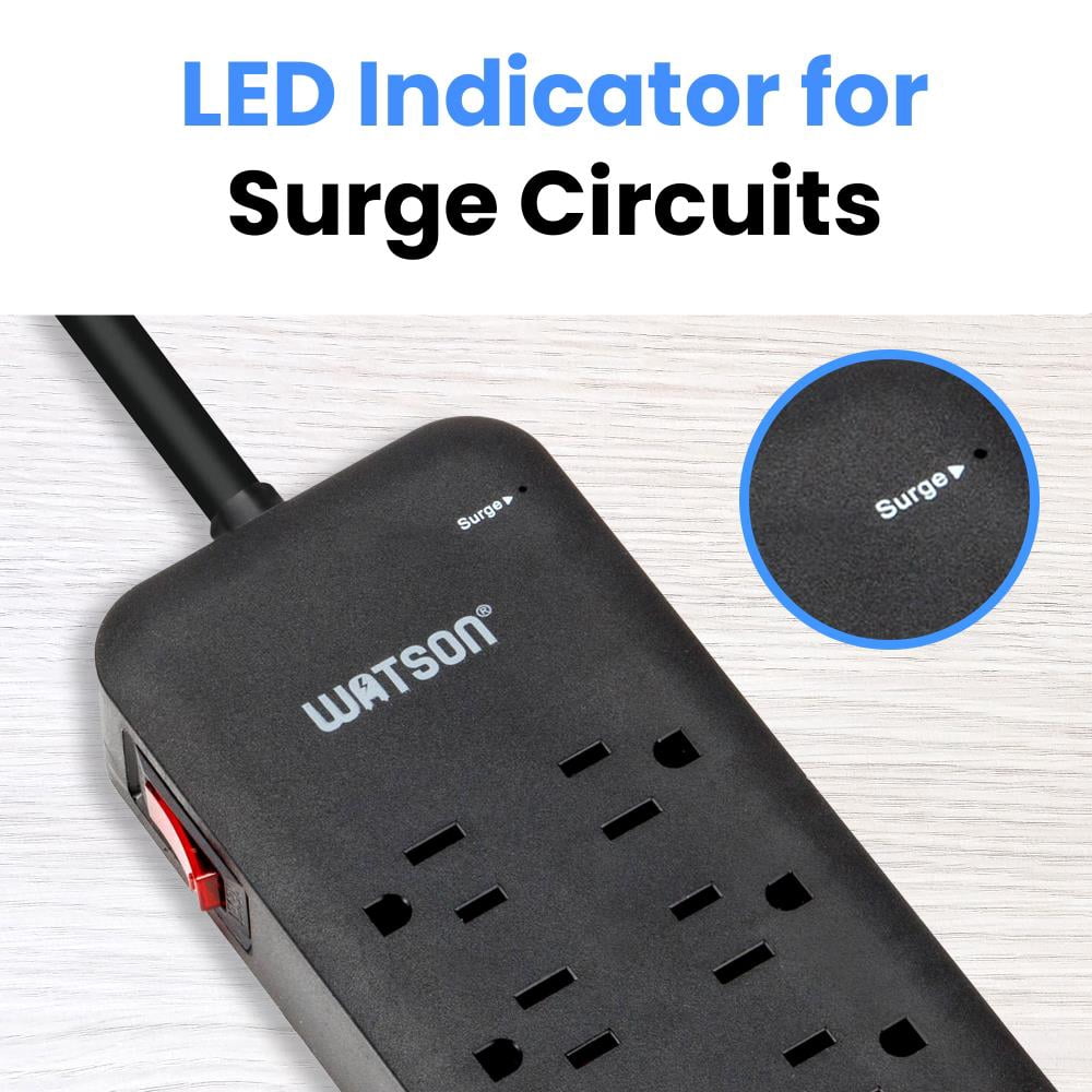 10-Outlet Surge Protector with 2 USB-C & 2 USB-A Ports, 2450 Joules, 6' Cord, LED Indicator – Power Strip for Home and Office Use by Watson(Black)
