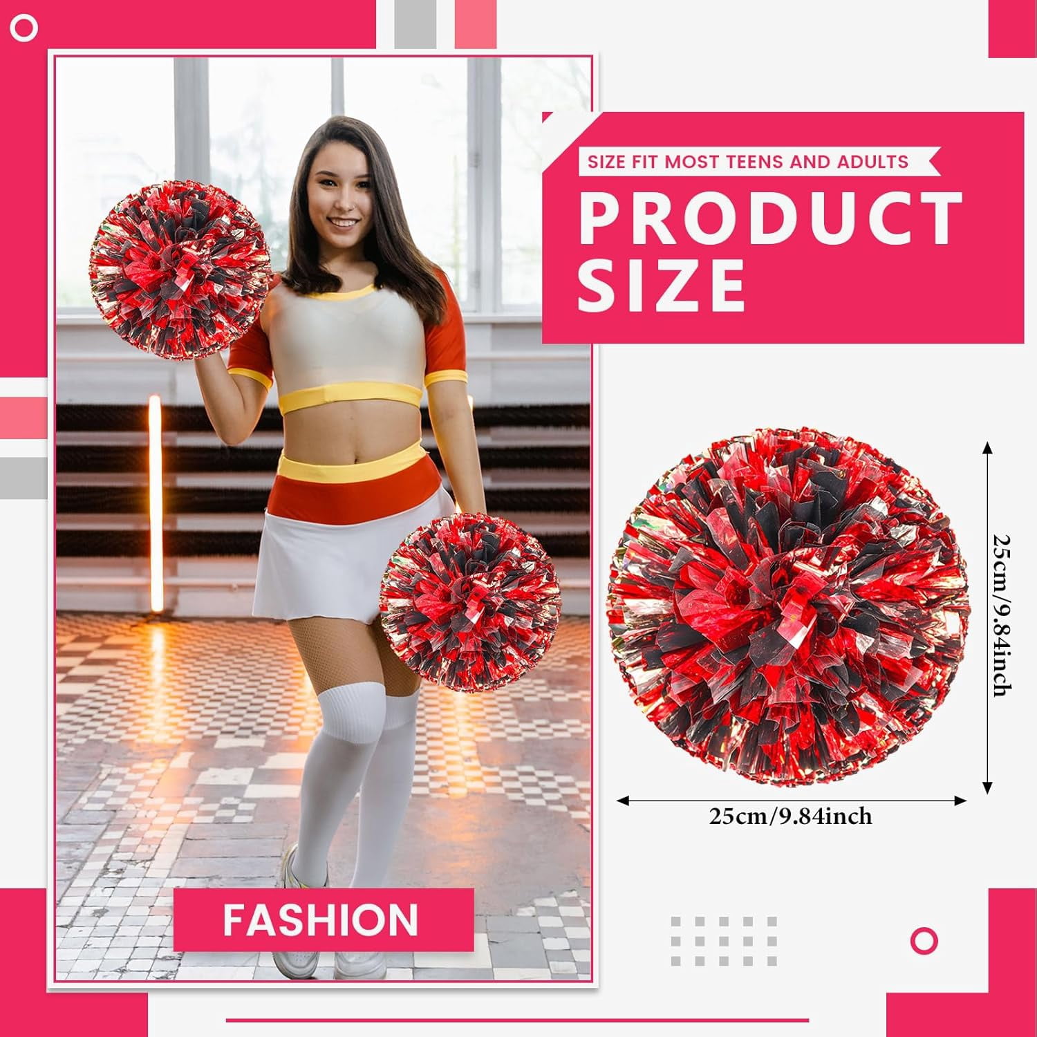 24 Pcs pom poms Cheer,pom poms Cheerleading with Finger Holes Metallic Foil Cheer Pom Pomsfor Dance, Matches (Black Red Silver)