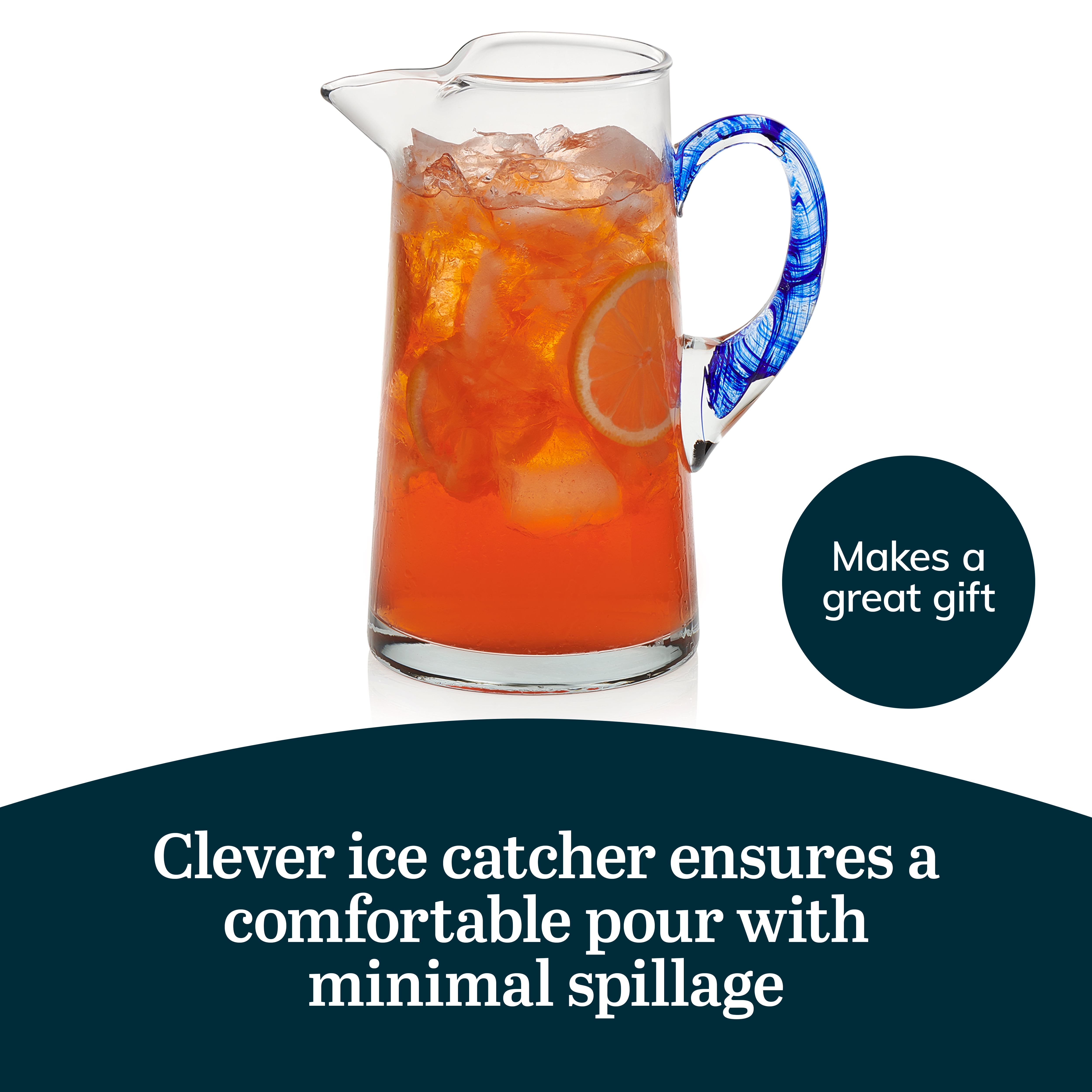 Libbey Cabos Glass Water Pitcher, 90 Oz Handcrafted Drink Pitchers with Spout and Blue Handle, Artisan-Inspired Glass Water Jar for Tables, Kitchen