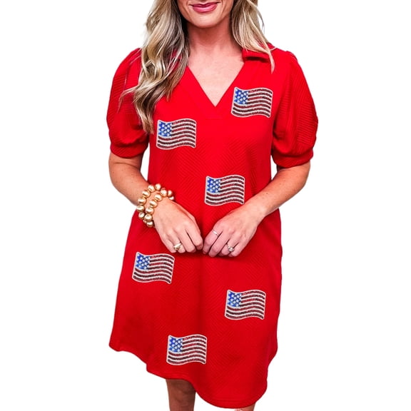 Fiery Red Sequin American Flag Patched Polo Collar T-Shirt Dress for Women - [ZhiHiMeRi] | (US 12-14)L