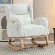BISHE Rocking Glider Chair with High Backrest, Plush Teddy Fabric Upholstered Nursery Rocker, Ergonomic Armchair for Living Room, Bedroom & Baby Room, Easy Assembly Modern Wingback Chair, Ivory