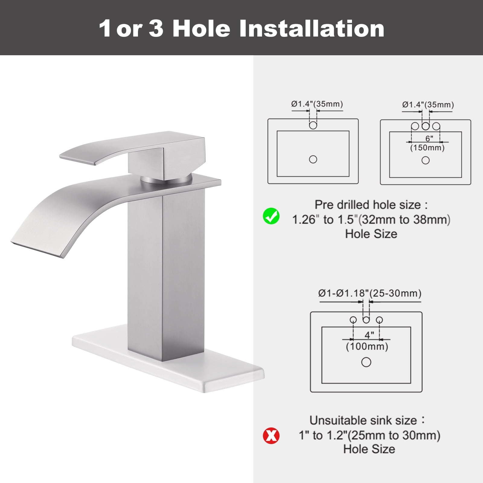 Wowow Waterfall Bathroom Faucet Brushed Nickel Faucet for Bathroom Sink Single Handle Mixer Tap Lavatory Vanity Faucet with Deck Plate and Pop Up Drain, 1 or 3 Hole
