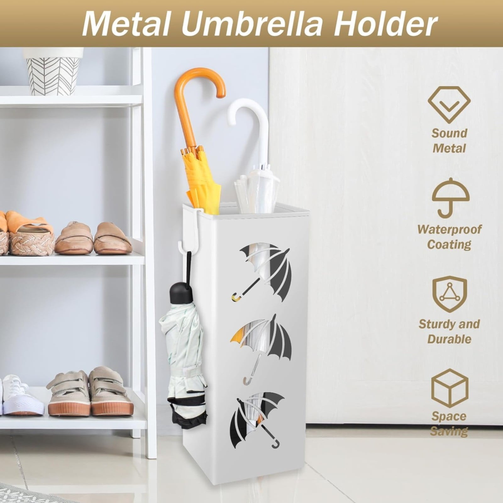 Dusknt Freestanding Metal Square Umbrella Stand White, Rack,