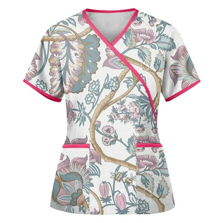 

QAZXD Womens 2023 Summer Scrub Tops V-Neck Floral Short Sleeve Pullover with Pockets Gray S