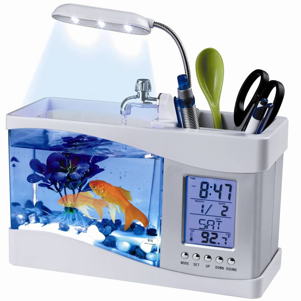 USB Desktop Aquarium Mini Fish Tank with Running Water LCD Time Clock Alarm  Colorful LED Lamp Light Calendar Holds 1.5 Quart for Home Office Decor 