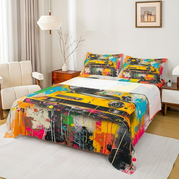 Feelyou Teens Street Graffiti Bed Sheets, Modern Watercolor Artwork King Sheets, Hip Hop Music Sheet Set, Super Cozy Room Decor, 4 Pieces