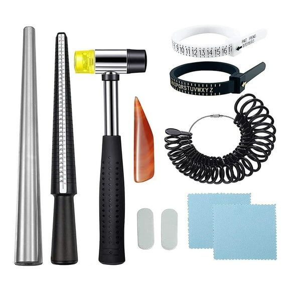 11Pcs Ring Sizer Measuring Tool, with Ring Mandrel Circle Jewelers Hammer and Polishing Tools for Jewelry Making Crafts