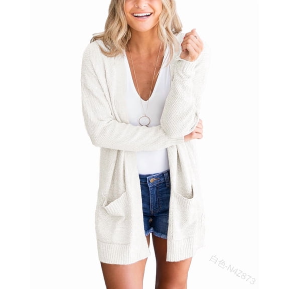 Women's Open Front Knit Cardigan, Long Sleeve Mid‑Length Sweater with Pockets