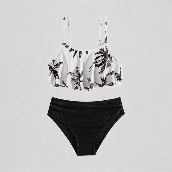 REDARER Girls' 2-Piece Bikini Set – Tree Print Ruffled Top Solid Bottom, Stylish Sporty Beach Swimwear,7-8 Years