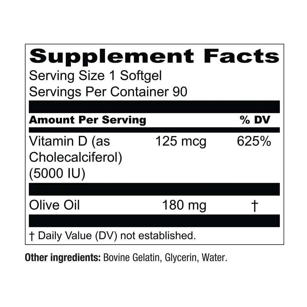 Essential elements Vitamin D3 5000 IU - Softgels with Olive Oil - Bone, Muscle, & Immune Support - 2 pack